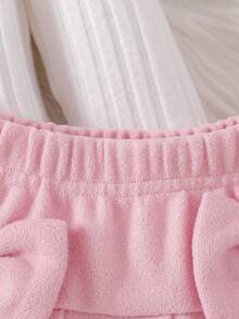 Baby Girls' Adorable Mandarin Collar Faux Fur Flare Sleeve Top Paired With Double Bow Pleated Skirt 2-Piece Set, Pink, Fashionable & Versatile, Suitable For Valentine's Day, Birthday, Casual Occasions, Autumn/Winter - Multicolor - View 6