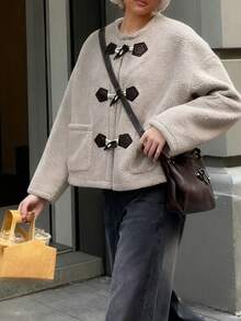 Women's Elegant Commuting Casual Classic Bicolor Lapel Pocket Faux Shearling Long Sleeve Jacket, Suitable For Halloween, Christmas Eve, Christmas, Spring Festival, Outing, Gathering With Friends, Shopping, Entertainment, Work, Etc. All-Match Jacket With Comfortable Fabric, Distinctive Style, High Cost-Performance, Autumn/Winter