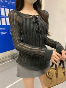 时尚镂空交叉系带长袖轻薄针织毛衣 - 黑色 - 查看 4