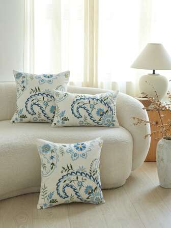 1pc Cashew Flower Embroidered Linen Throw Pillow Cover, Suitable For Living Room, Bedroom, Party, Wedding, Car And Other Environments, All Season