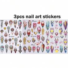 3pcs 3D Bohemian Vintage Luxury Nail Art Stickers - Dreamcatcher, Colorful Feather, Heart, Flower, Star Patterns Nail Decals, Perfect For Women DIY Holiday Nail Decoration - Multicolor - View 2