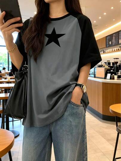 大码女装夏季度假时尚休闲宽松舒适Y2K街头风星形印花撞色插肩短袖圆领针织T恤，毕业季