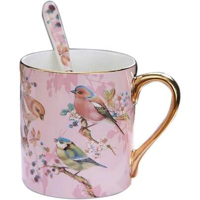 Bone China Porcelain Tea Cup Coffee Mug For Home Kitchen Office - Birds Patterns (Pink)