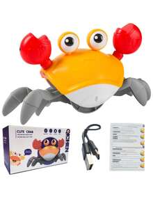 升级版爬行螃蟹玩具——外观逼真，可水平行走！这款智能螃蟹能够自动避开障碍物，并配备2个LED眼睛。内置动态音乐和音效，可一键关闭。升级版还可调节行驶速度。