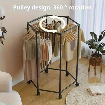 360° Rotating Hexagonal Clothes Rack With Wheels - Heavy Duty Garment Organizer For Bedroom/Boutique, Black & White
