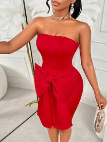 Amarilo 女士秋冬蝴蝶结抹胸迷你连衣裙，优雅时尚的无袖设计，修身剪裁，弹力针织面料，蝴蝶结抹胸细节，适合居家、休闲场合、新年、万圣节、圣诞节/派对等场合穿着。 - 紅色 - 查看 1