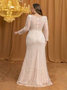UNITHORSE Plus Size Women Elegant Square Neck Long Sleeve Pearl Decor Waist Fitted Bodycon Evening Gown Wedding Party - Apricot - View 2