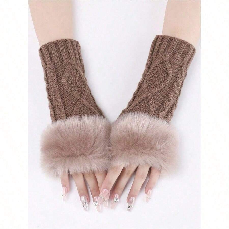 1pair Women's Coffee Colored Short Knitted Gloves With Exposed Fingertips, Winter Warm And Stylish - Màu Khaki - Xem 1