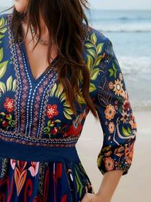 Plus Size Boho Print V Neck Midi Dress With Three Quarter Kimono Sleeves A Line Flared Hem For Summer Vacation Spring Elegant - Royal Blue - View 7