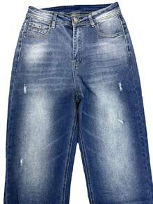 European & American Street Style Ripped & Distressed Washed Blue Women Straight Leg Jeans - Blue - View 2