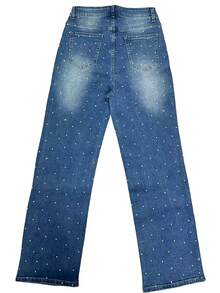 Fully Rhinestoned Mid Wash Loose High Waist Straight Leg Jeans For Women - Blue - View 2