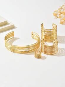 1 Bộ 4 món trang sức dây kim loại cổ điển, vòng tay, nhẫn. Bộ trang sức vòng tay, nhẫn, dây kim loại đa năng, tối giản, thời trang, có thể điều chỉnh, phù hợp cho phụ nữ đeo hàng ngày, đi nghỉ, dự tiệc. - Vàng - Xem 3