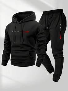 Men's PARIS Letter Print Hoodie And Drawstring Sweatpants Set - màu đen - Xem 1