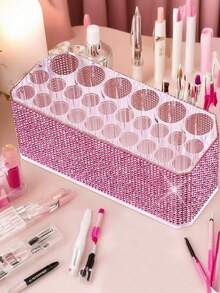 klimonla 1pc Acrylic Transparent Nail Polish Organizer Holder With 26 Holes, Pink Rhinestone Design - Pink - View 3