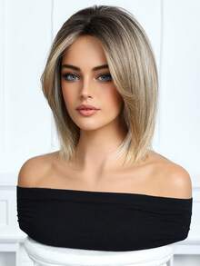 10 Inch Piano Color Short Bob Wig, Dark Roots, Heat Resistant Synthetic Wig, Suitable For Women's Daily Wear, School And Music Festival Celebrations, Graduation And Holiday Gifts, Exquisite Accessory - 間色 - 查看 4