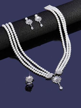 4件/套 翅膀心形奢华玻璃珍珠流苏多层设计珠宝套装，铂金镀层，适合女士婚礼派对佩戴。