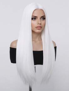 动漫长款白色直发假发，适合角色扮演，28英寸耐热合成假发，新年女孩礼物 - 白色 - 查看 4