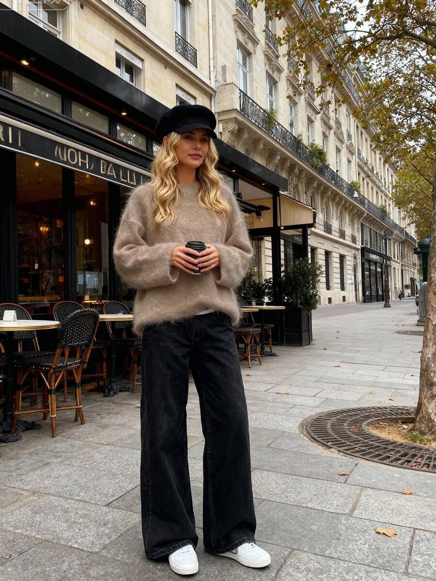 Women's Elegant Solid Color Casual Minimalist Dropped Shoulder Round Neck Loose Mohair-Like Sweater, Going Out Tops For Women, Brown Top, Women's Winter Sweater - Brown - View 1