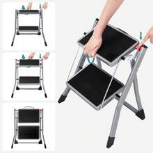 2 Step Ladder Folding Step Stool 20 Cm Width Non-Slip Rubber With Handle 150 Kg Load Steel Grey And Black - Grey - View 7