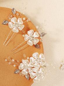 3pcs/Set Bridal Wedding Flower Crystal Pearl Hair Clips, Rhinestone Embellished White Floral Hair Accessories