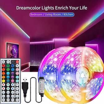 Tiras de luces LED con control remoto de 44 teclas, luz de fondo de TV cambiante de color RGB, lámpara flexible de diodo para decoración de habitaciones