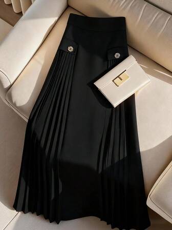 女士纯色优雅拼布百褶裙，春秋季裙子适合日常休闲和商务穿着，女士上衣