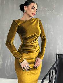 高端丝绒修身性感连衣裙，后背开衩 - 薑色 - 查看 3