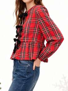 Women's Coquette Red Plaid Christmas Blouse, Cute Bow Knot Peplum Top, Long Sleeve Holiday Party Shirt - 紅色 - 查看 7