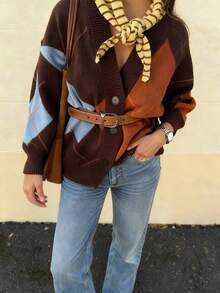 Nouveau cardigan femme mode automne et hiver, col V, couleur mélangée, motif à carreaux et diamants