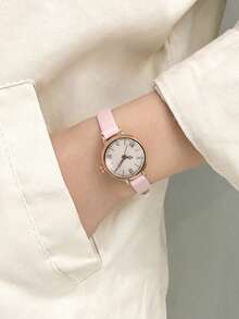 时尚石英表，优雅女士腕表，简约独特复古设计，真皮表带，小巧圆形表盘，高端石英女士腕表 - 彩色 - 查看 3