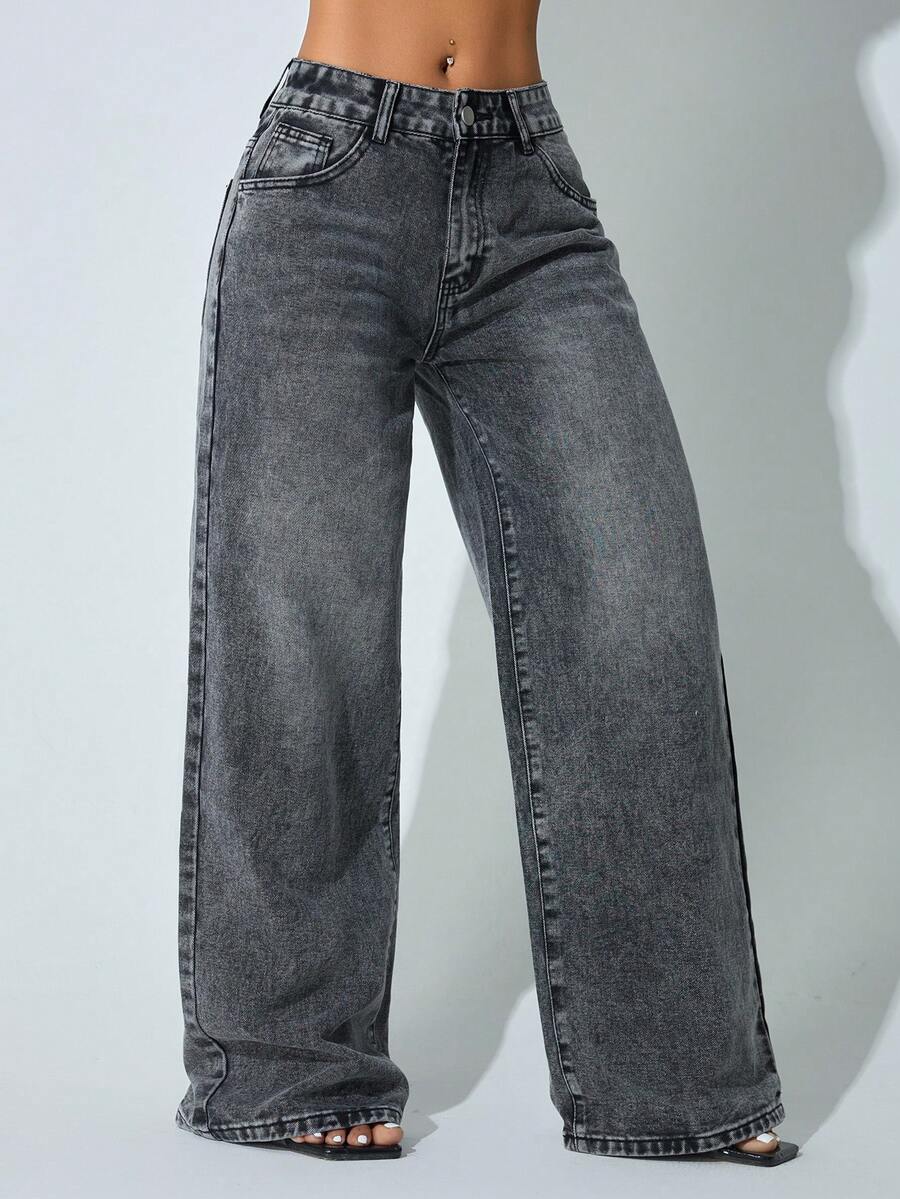 低腰阔腿休闲蓝色牛仔裤，斜插口袋，女士秋季服装，春季黑色 - 黑色 - 查看 1