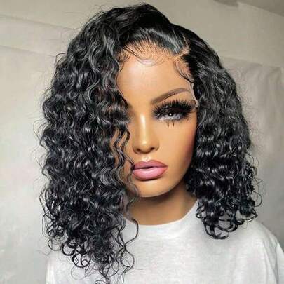 MECRY 12 Inch 4x4 Lace Front Wig For Women - Short Curly Wavy Synthetic Hair, Deep Black, Heat Resistant Fiber, Perfect For Vacation Style, Versatile Wig Full Volume Curl Wig Synthetic Fiber Wig Frontal Wigs Hair Wigs Glueless Blended Hair