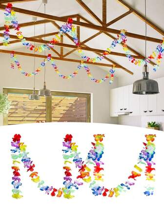 1pc Size (78-Inch) Hawaiian Party Decoration Tropical Wreath Multicolor Hibiscus Wreath Banner Suitable For Hula Summer Beach Birthday Party Supplies