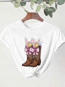 你好复活节 春夏秋季女士短袖牛仔靴复活节风骚西式复活节兔子复活节快乐趣味复活节复古复活节女士上衣 - 白色 - 查看 1