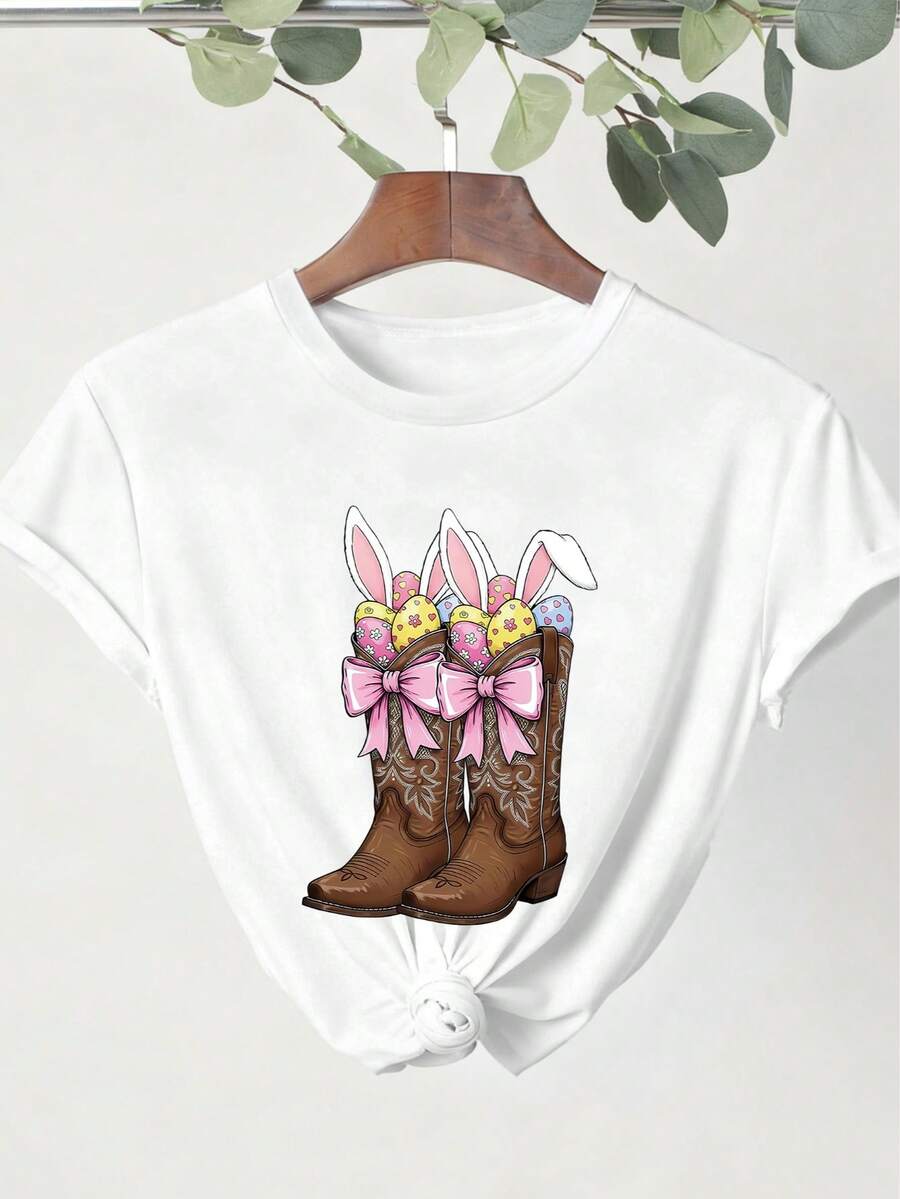 你好复活节 春夏秋季女士短袖牛仔靴复活节风骚西式复活节兔子复活节快乐趣味复活节复古复活节女士上衣 - 白色 - 查看 1