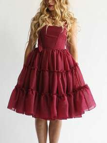 Tulle Prom Dresses Ruffled Trim Tie Back Sleeveless Long Formal Evening Dresses For Women A-Line Open Back Cocktail Ball Gown - 酒紅色 - 查看 2