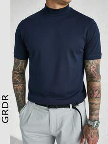 GRDR Men's Fashionable Mock Neck Short Sleeve T-Shirt | Exquisite Design | Summer Essential | Easy To Match | Showcase Your Style - Navy Blue - View 5