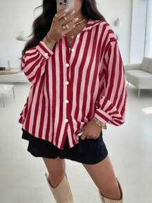 大码女式条纹落肩长袖单排扣休闲宽松办公通勤衬衫 春季 - 紅色 - 查看 5