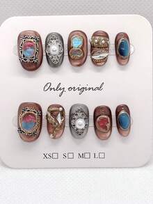 10 móng tay giả màu nâu, kiểu dáng ngắn hình bầu dục, phong cách Pháp cổ điển sang trọng, móng tay giả thủ công, móng tay phong cách Punk, móng tay Giáng sinh, dụng cụ làm móng, móng giả che phủ toàn bộ, móng tay nhân tạo, phù hợp cho phụ nữ và bé gái, móng giả dùng hàng ngày nơi công sở, nghệ thuật làm móng thủ công. - màu nâu - Xem 2
