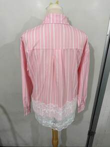 Vêtements d'automne pour femmes, chemise rose brodée pour femmes, associée à un Top brodé de dentelle, une chemise féminine à la mode et élégante, un incontournable pour les sorties décontractées. Top à manches longues pour femmes en automne-hiver, nouveaux vêtements pour femmes à la mode avec rayures brodées, costume d'Halloween - Rose bonbon - Voir 2