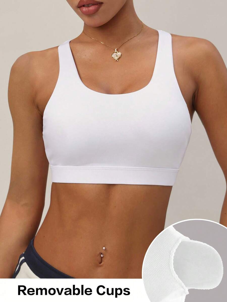 Women's Solid Color Removable Padded Crew Neck Elastic Wireless Simple Criss-Cross Strap Sports Bra - White - View 1