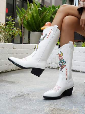 Women's Western Embroidered Vintage Cowboy Boots, Chunky Heel Mid-Calf V-Cut Riding Boots, Fashion Boots