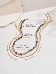 3pcs/Set Bohemian High-End Natural Stone & Stainless Steel Snake Bone Chain Necklace Set, Suitable For Dates, Parties, Vacations - Multicolor - View 4