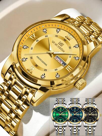 VA VA VOOM 1枚男士石英表，41毫米经典奢华钻石日历表，绿色/蓝色/金色/银色/黑色不锈钢表盘，原装石英机芯，3巴防水，商务风格，精致情侣表