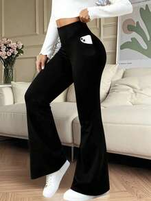 大码女式高腰纯色喇叭裤运动瑜伽裤压缩紧身裤跑步健身裤 - 黑色 - 查看 1