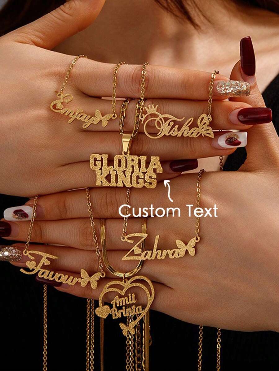 Customized Cursive Name Necklace, Stainless Steel Exquisite Personalized Collarbone Chain, Women's Gift - Frosted Gold - View 1