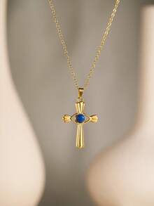 1件时尚波西米亚风18K镀金不锈钢几何镂空吊坠项链，镶嵌绿松石、青金石、太阳、月亮、邪眼、十字架等元素，低过敏性材质，适合女性佩戴，百搭日常休闲装扮及礼品。 - 金色 - 查看 7