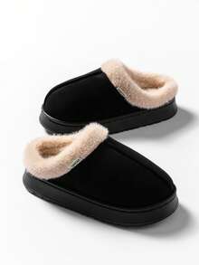 女式仿鹿绒面拖鞋，毛绒衬里，防滑，保暖室内拖鞋，厚 EVA 鞋底，适合秋冬季 - 黑色 - 查看 11