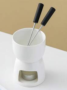 1pc Ceramic Chocolate Fondue Set, Mini Pot For Dessert, Cheese, Butter Melting With Plastic Tray