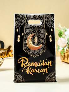 10/25/50pcs Eid Mubarak Gift Bags, Black Color With Gold Star & Crescent Moon Design Party Favor Bags, Eid Ramadan Decorative Gift Bags, Party Cookie Candy Baking Bags, Eid Ramadan Party Home Room Desktop Decor - Eid Black Gold Moon - View 4
